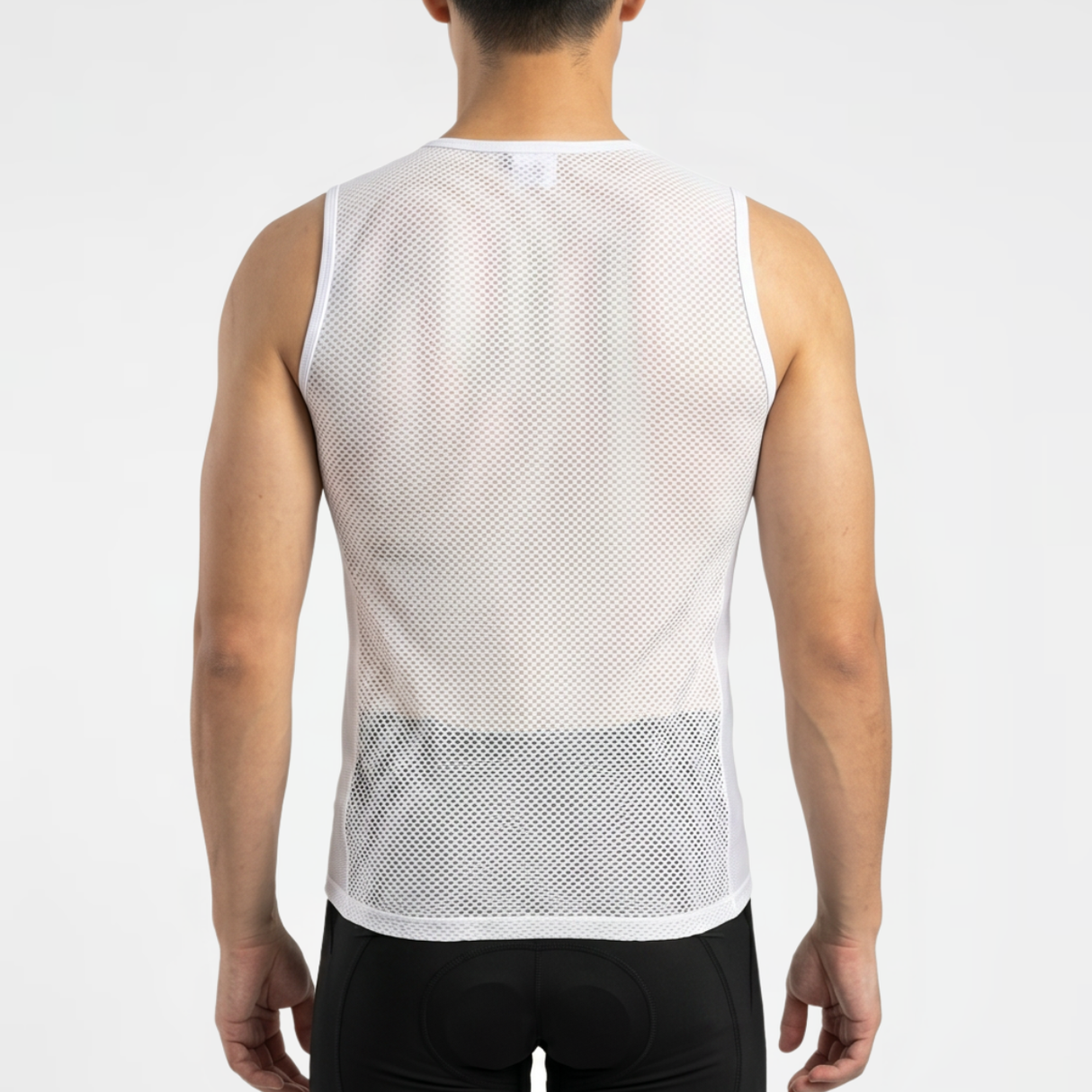 Back view of person wearing a white cycling base layer mesh tank top