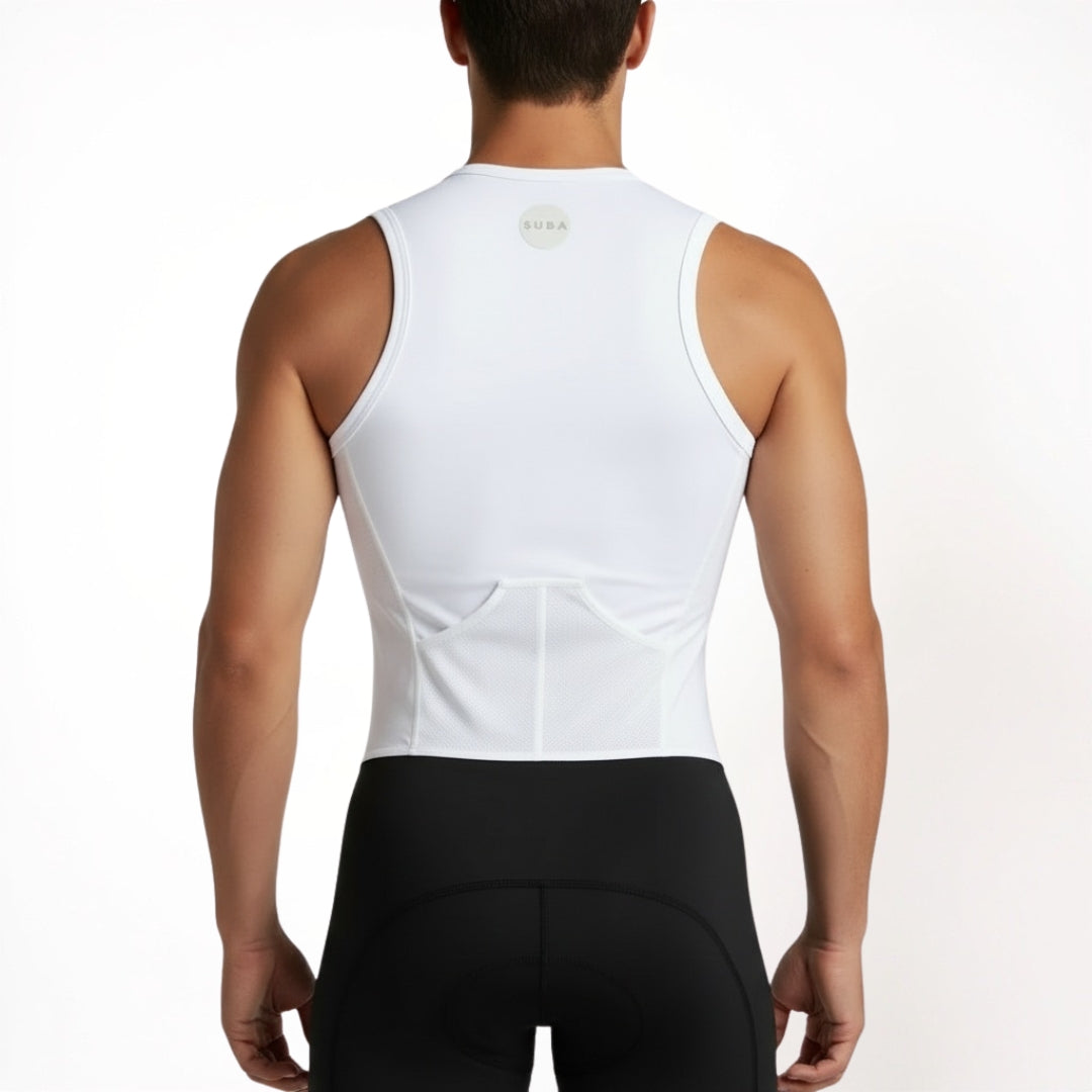 Person wearing a white sleeveless Tri suit on a plain background