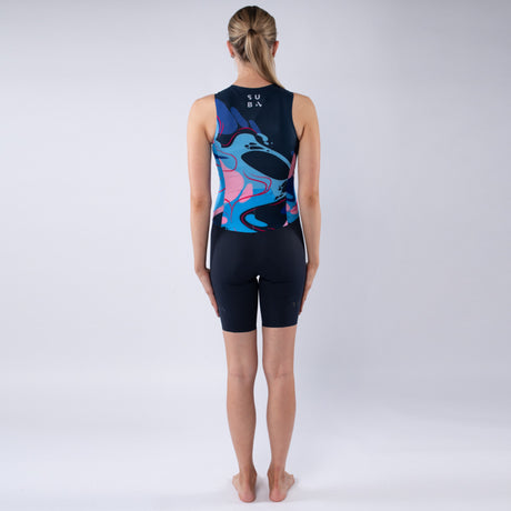 Person wearing a black Triathlon suit with colourful abstract design on a white background