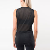 Back view of  woman wearing black cycling base layer mesh top on a white background