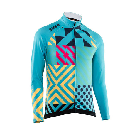 Colorful geometric patterned thermal cycling jacket jersey on a white background